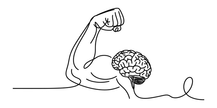 Continuous single line drawing of a strong muscular arm flexing biceps showing a human brain as a symbol of mental strength intelligence and brain power Vector, illustration
