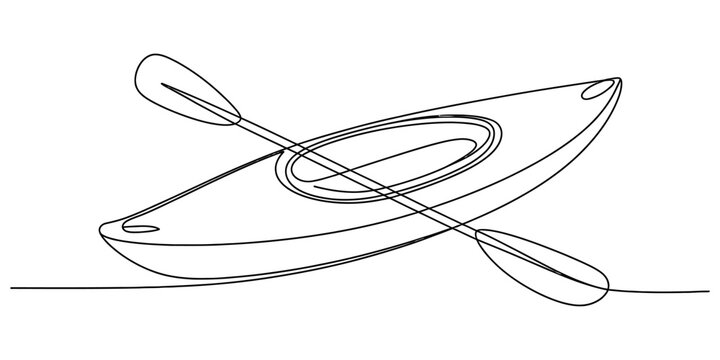 A single continuous line drawing of a kayak with a paddle boat equipment for summer outdoor water sports activities on a lake or river in a simple sketch Vector, illustration