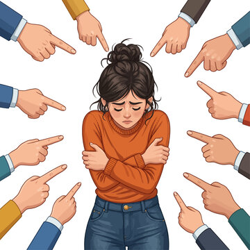 Sad young woman with crossed arms surrounded by many hands pointing fingers at her in a circle representing bullying and social pressure