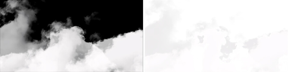 Fototapeta premium White fluffy clouds forming at bottom of frame on black background, transparent png overlay for weather effects, creative background and graphic design elements.