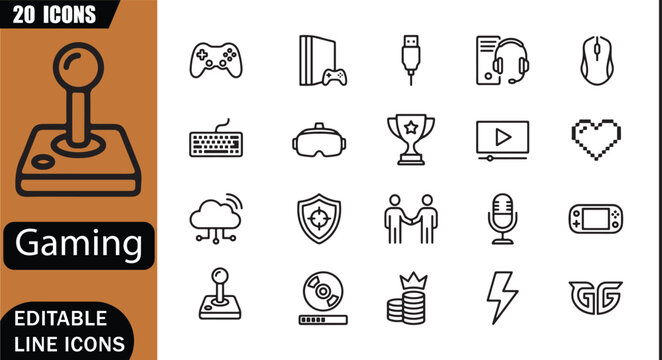 Video game icons set, 20 editable line art icons set, gamer, controller, esports, console, online entertainment, competition, joystick, gaming controller theme style, clean outline vector