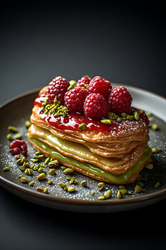 Raspberry pistachio mille-feuille pastry. Gourmet layered dessert with fresh berries.