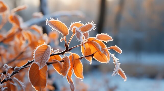 Beautiful branch with orange and yellow leaves in late fall or early winter under the snow. First snow, snow flakes fall, gentle blurred romantic light blue background