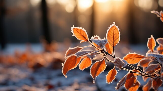 Beautiful branch with orange and yellow leaves in late fall or early winter under the snow. First snow, snow flakes fall, gentle blurred romantic light blue background