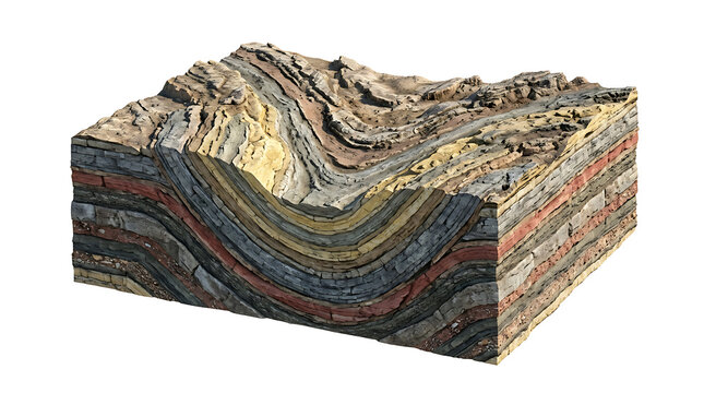 3D illustration of an isolated geological syncline cross section with rock layers
