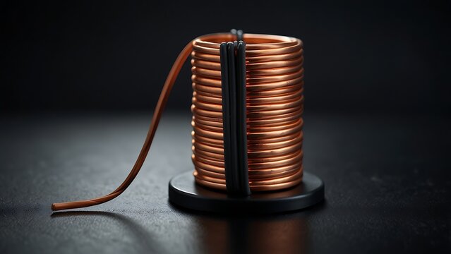 Close up of a neatly wound copper wire inductor coil standing on a black magnetic base against a dark background for electrical engineering applications