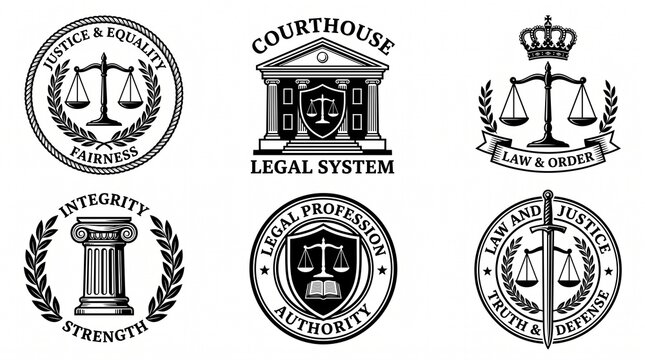 Law and Justice Emblem Collection: Scales, Courthouse, Columns, and Shield Symbols Illustrated in Formal Black-and-White Style for Legal Profession, Authority, and Institutional Design Projects
