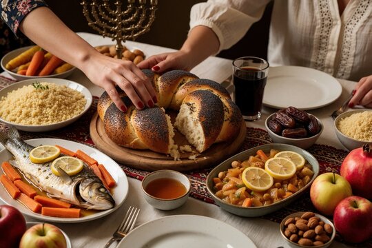 Woman hand breaks fresh braided challah bread at festive table. Family dinner on Rosh Hashanah holiday features traditional food like honey apples pomegranate fish, couscous. People celebrate Jewish
