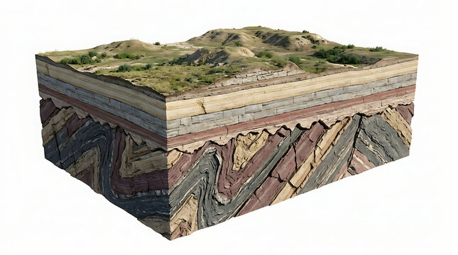 Geological cross section block showing soil layers and folds isolated on white