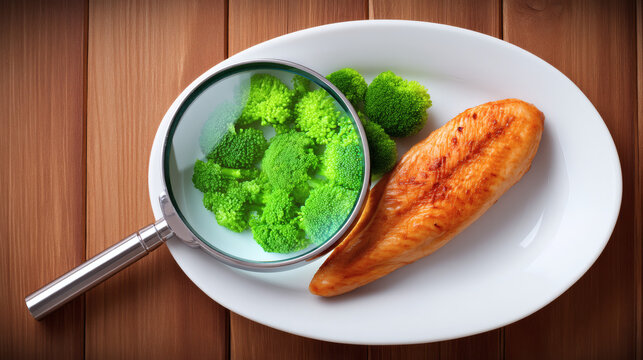 down view of a ceramic plate containing a grilled chicken breast and broccoli. A magnifying glass lies on top of the chicken enlarging a microscopic texture of a wall or shield representing 