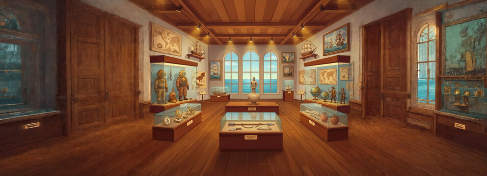 Sunlit Maritime History Museum Exhibit with Vintage Diving Suits, Nautical Maps, and Model Ships Overlooking the Ocean