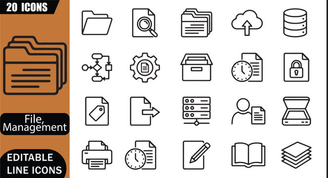 Isolated metadata search icons set, 20 editable line art icons set, document indexing, archive retrieval, database, workflow, office records, information search theme style, clean outline vector
