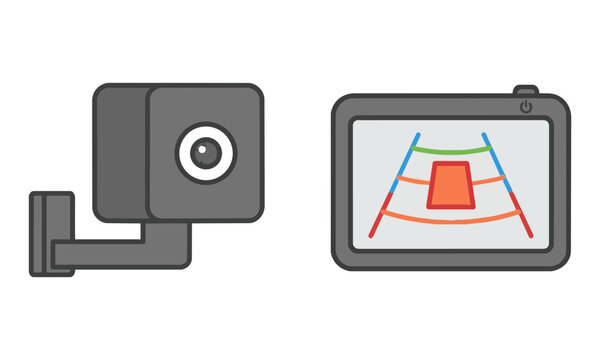 Minimalist icon of a vehicle rearview camera and monitor displaying geometric parking grid lines, isolated on white. Automotive safety technology concept