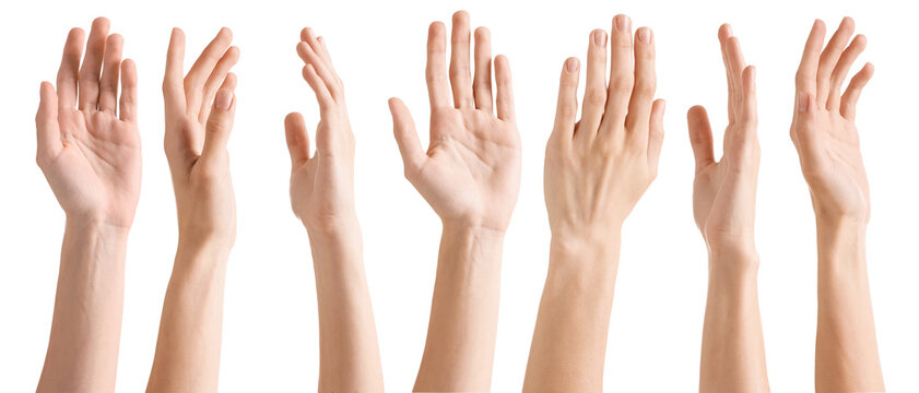 Women showing hands on white background, closeup. Collection of photos