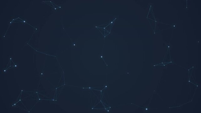 Abstract digital motion background with blue glowing dots and lines connecting to form geometric shapes floating slowly across dark deep blue space for tech animation.