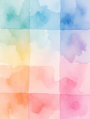 Obraz premium Soft pastel watercolor squares create gentle grid pattern on paper. Abstract rainbow background features light hues with smooth gradient texture for artistic projects. Design layout offers clean