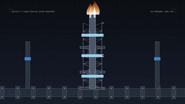 Technical industrial HUD animation showing a steam assisted flare stack burning gas with system pressure monitoring data