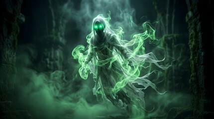 Obraz premium Halloween eerie ghost spirit floating in a dark, misty, and ancient stone ruin with glowing green eyes and ethereal vapor