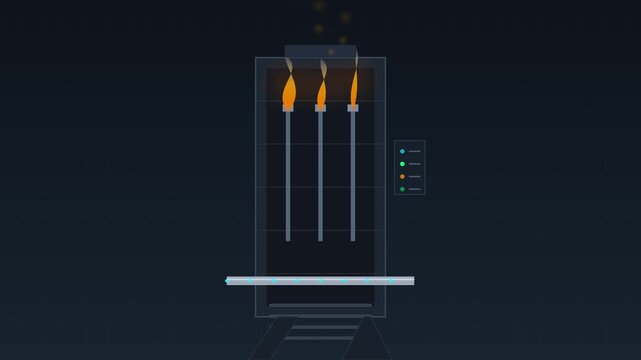 Industrial vector animation of a gas burner furnace with three burning flames and a digital control panel interface