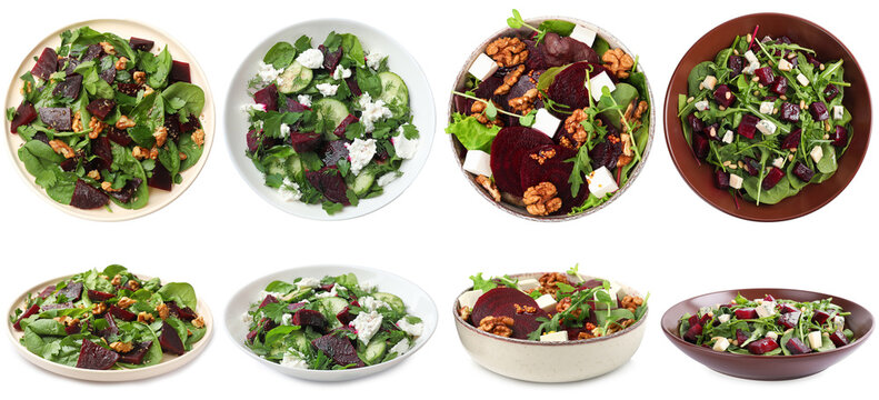 Fresh salads with beet isolated on white, set. Top and side view