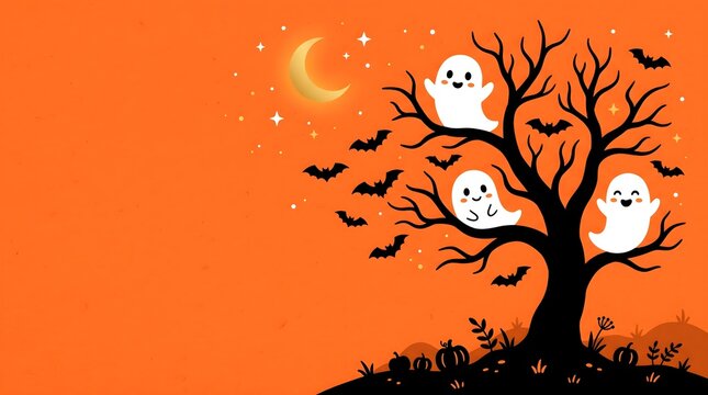 Halloween cute cartoon halloween illustration with three friendly ghosts sitting on a dark tree, bats, pumpkins, and a crescent moon on an orange background