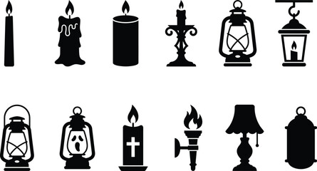 Naklejka premium Collection of black lighting silhouettes, featuring candles, lanterns, torches, and lamps, isolated on a white background, for halloween, gothic, or vintage-themed projects and