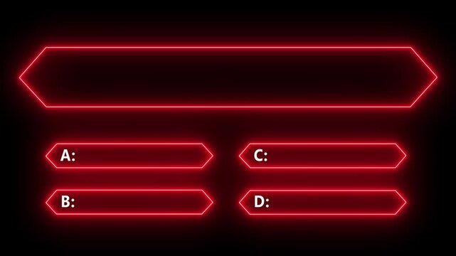 Interactive quiz template with glowing red neon frames for multiple choice questions, digital overlay for gameshows and educational presentations.