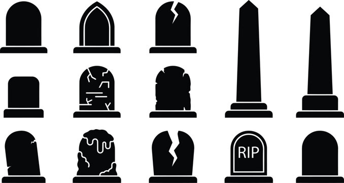 Collection of black tombstone and gravestone silhouettes in various shapes, including rounded, pointed, and cracked isolated on a white background, for cemetery or, halloween themes