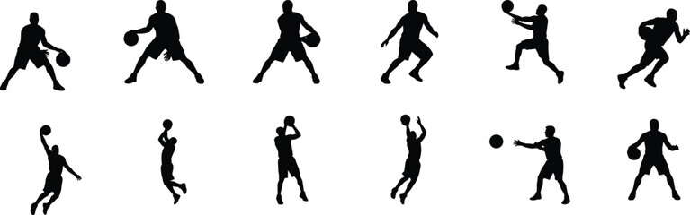 Set of dynamic basketball player silhouettes showcasing dribbling, shooting, passing, and gameplay actions in sports © uzzala