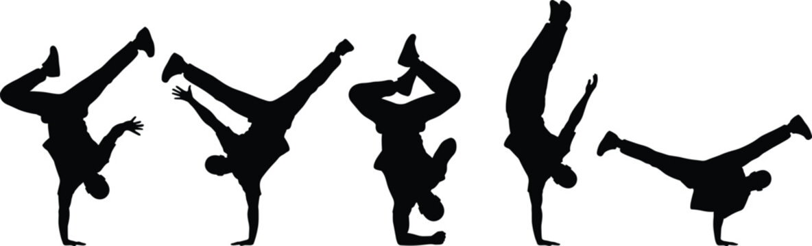 Set of dynamic breakdancer silhouettes showcasing street dance, acrobatic poses, and urban hip hop culture