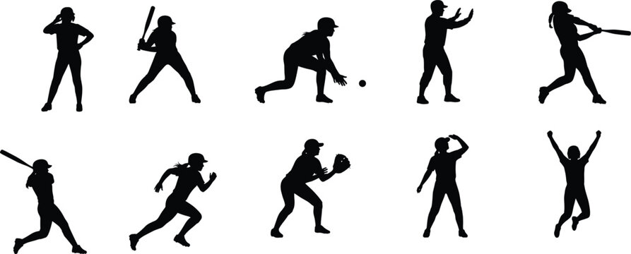Set of dynamic female softball player silhouettes showcasing batting, fielding, pitching, and celebration actions