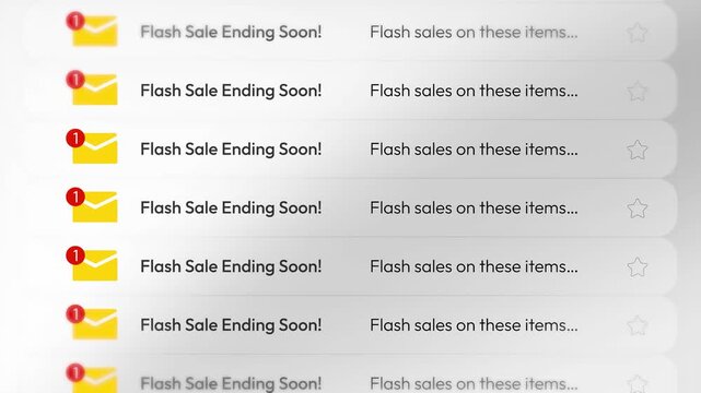 Yellow email with red notification alert, flash sale ending soon message, 4k animation.