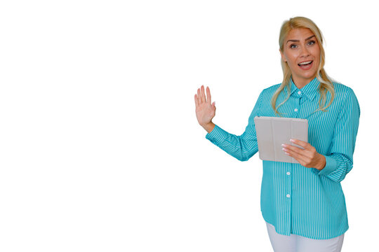 Young woman saying hello and waving hand while holding a digital tablet, interacting with technology on transparent background