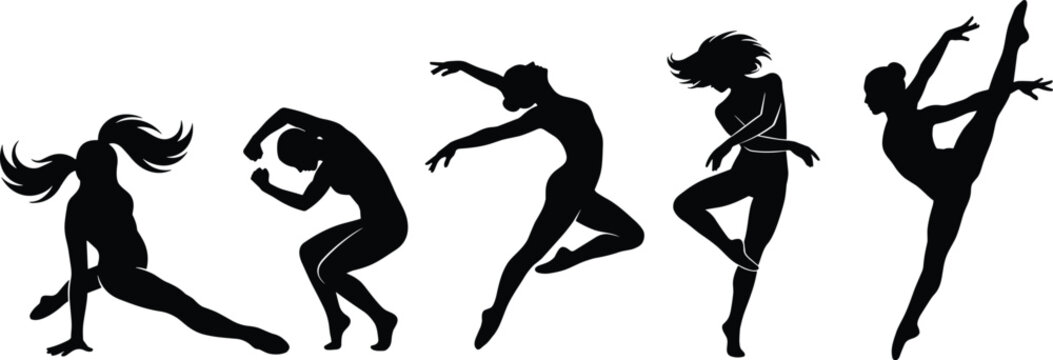 Set of dynamic woman dancer silhouettes showcasing modern choreography, fitness, and artistic movement expressions