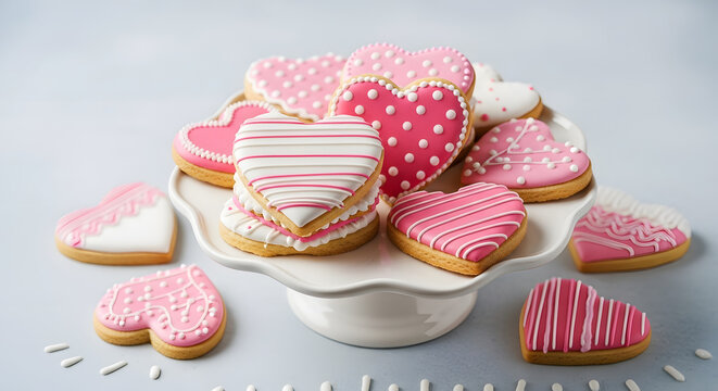Pink heart shaped sugar cookies on white cake stand for celebration