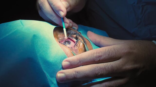 Laser vision correction. A patient and team of surgeons in the operating room during ophthalmic surgery. Eyelid speculum. Lasik treatment. Patient under sterile.Repositioning of the lasik corneal flap
