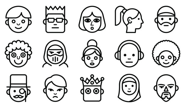 Set of diverse human face avatars and character icons in a clean minimalist line art style
