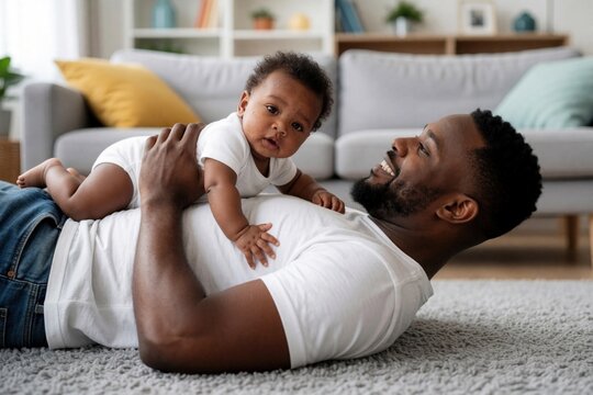 Happy African American father relaxes on living room floor with cute baby boy. Loving dad spends quality time with infant son at home. Joyful black man enjoys paternity leave cuddling small child on