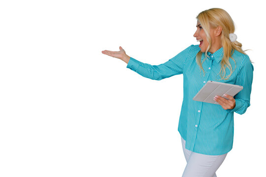 Blonde woman smiling, gesturing with an open hand, and holding a digital tablet. Transparent background