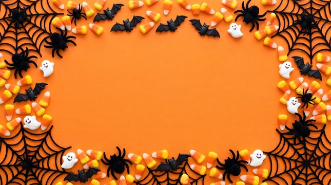 Halloween halloween background with candy corn, spiders, bats, and ghosts on orange surface