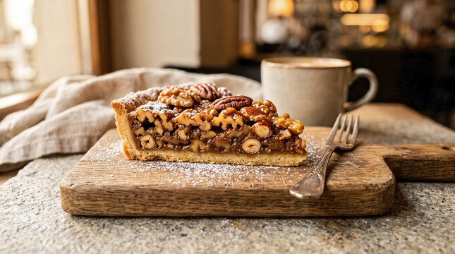 Slice of traditional Swiss Nusstorte with caramelized walnuts and hazelnuts on a wooden board. Sweet nut tart dessert with powdered sugar and coffee in a cafe