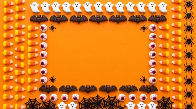 Halloween halloween candy border with ghosts, bats, spiders, and candy corn on orange background