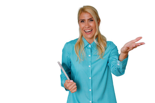 Young blonde woman smiles, holds a tablet, and gestures excitedly against a transparent background