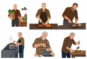 Fototapeta premium Set of Flat Illustrations of a Senior Man Preparing Healthy Meals and Cooking Soup in the Kitchen