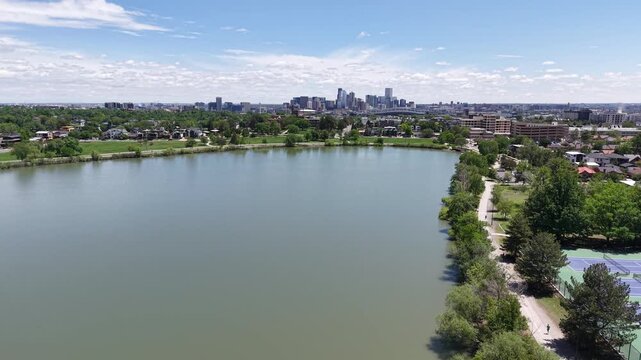 Sloan's Lake Park in Denver, Colorado, featuring the scenic lake, walking trails, and breathtaking views of the downtown Denver skyline.