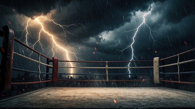 Empty boxing ring awaits fierce combat under stormy sky with lightning strikes. Heavy rain falls on arena, creating dramatic atmosphere for intense match.