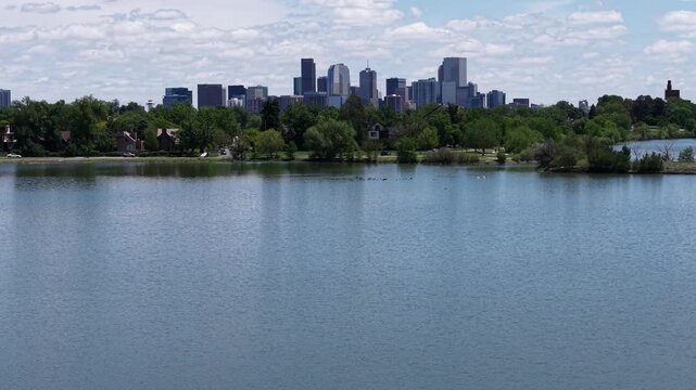 Sloan's Lake Park in Denver, Colorado, featuring the scenic lake, walking trails, and breathtaking views of the downtown Denver skyline.