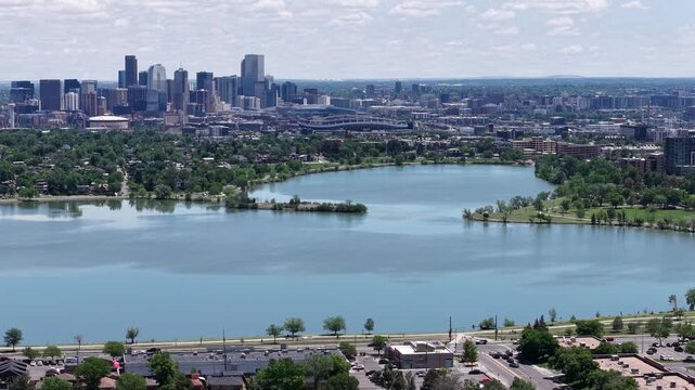 Sloan's Lake Park in Denver, Colorado, featuring the scenic lake, walking trails, and breathtaking views of the downtown Denver skyline.