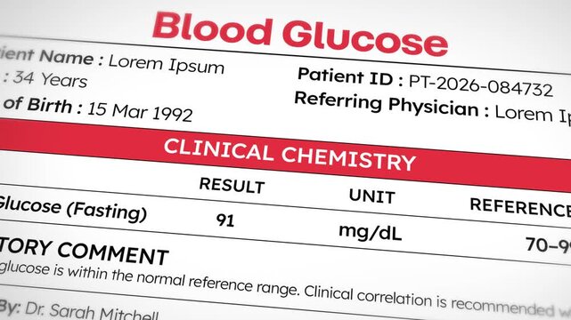 Clinical chemistry blood glucose test result document with sample information and normal range details for medical analysis, 4k animation
