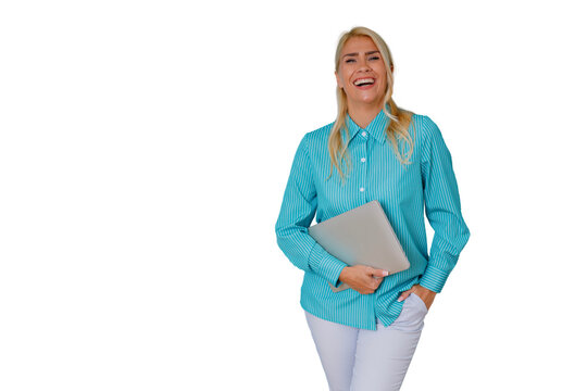 Happy business woman laughing with a laptop, finding joy and success in her professional digital nomad life